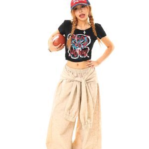 Light Blue American Vintage Letter Print Halter Tie Short T-Shirt - Trendy Y2K Style, Perfect for Casual Outings and Summer Wear