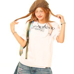 Light Blue American Vintage Letter Print Loose Short Sleeve T-Shirt - Trendy 90s Style, Perfect for Casual Layering and Everyday Wear