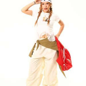 Light Blue American Vintage Patchwork Layered Tie Waist Cargo Pants - 90s Inspired, Trendy Women's Fashion, Buy 2 Get 1 Free