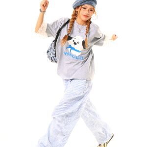 Light Blue American Vintage Plaid Embroidered Loose Wide-Leg Casual Pants - Y2K Inspired, Trendy Fashion for Effortless Style