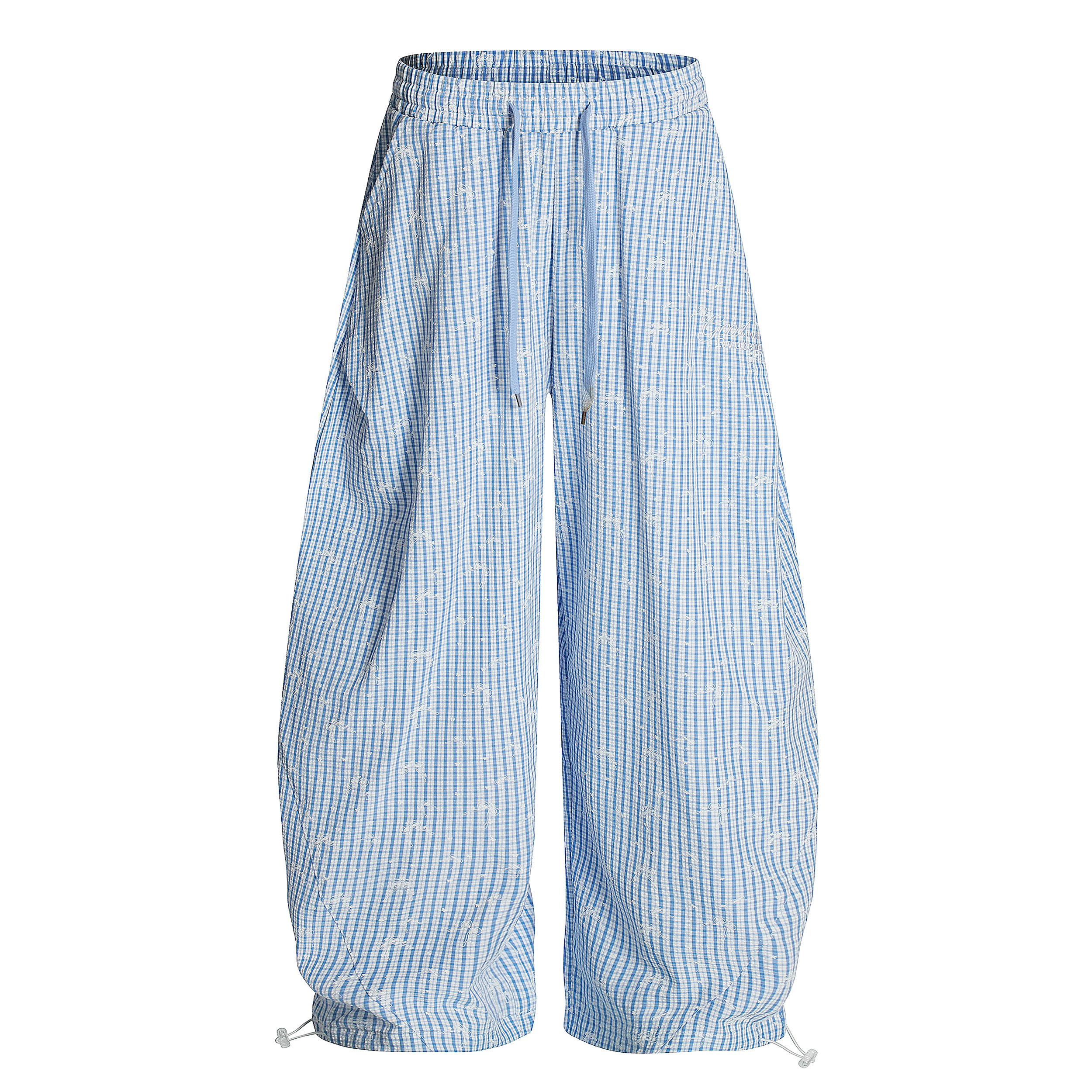 Light Blue American Vintage Plaid Embroidered Loose Wide-Leg Casual Pants - Y2K Inspired, Trendy Fashion for Effortless Style