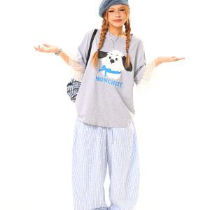 Light Blue American Vintage Plaid Embroidered Loose Wide-Leg Casual Pants - Y2K Inspired, Trendy Fashion for Effortless Style