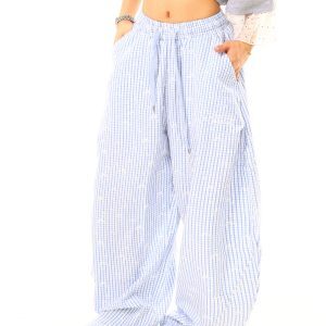 Light Blue American Vintage Plaid Embroidered Loose Wide-Leg Casual Pants - Y2K Inspired, Trendy Fashion for Effortless Style