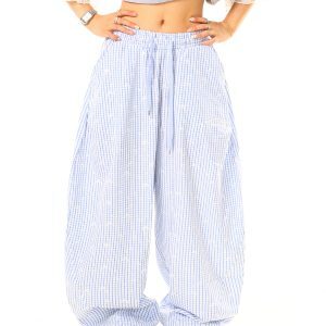 Light Blue American Vintage Plaid Embroidered Loose Wide-Leg Casual Pants - Y2K Inspired, Trendy Fashion for Effortless Style