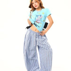 Light Blue American Vintage Plaid Loose Casual Long Pants - Trendy 90s Style, Comfortable Everyday Wear, Limited Time Offer