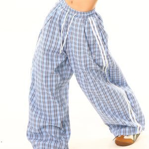 Light Blue American Vintage Plaid Loose Casual Long Pants - Trendy 90s Style, Comfortable Everyday Wear, Limited Time Offer
