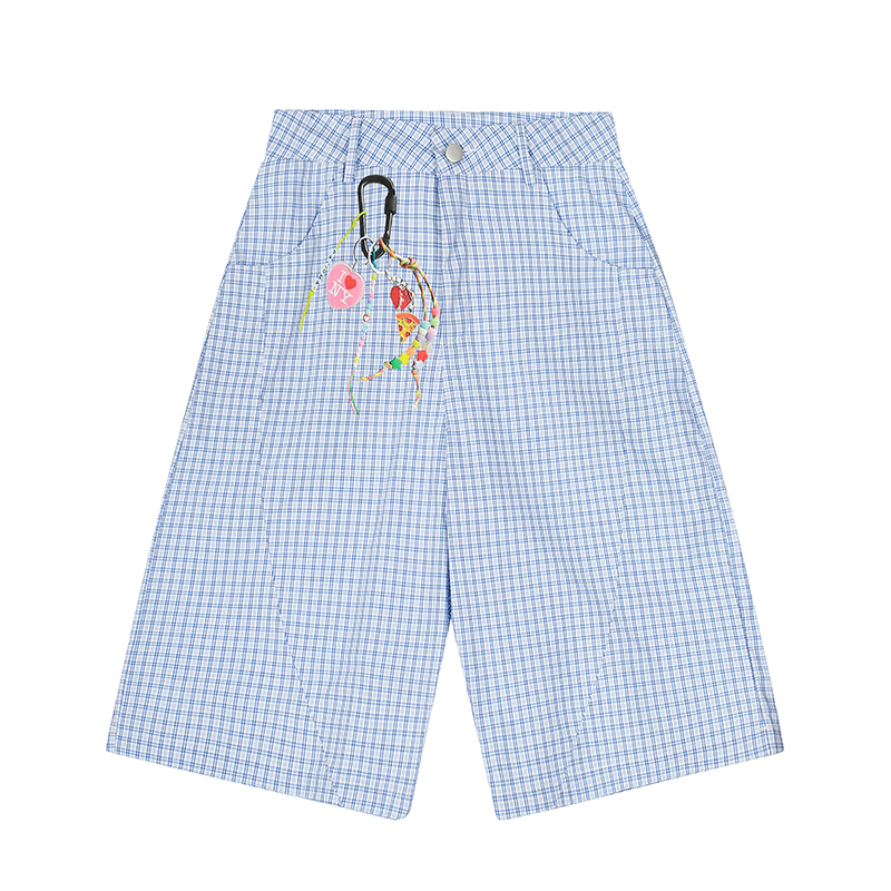 Light Blue American Vintage Plaid Print Loose Wide-Leg Cropped Pants - Trendy Y2K Style for Effortless Summer Fashion