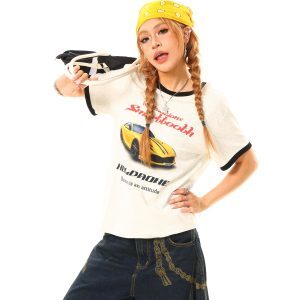 Light Blue American Vintage Racing Print Short Sleeve T-Shirt - 90s Retro Style, Limited Time Buy 2 Get 1 Free