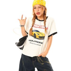 Light Blue American Vintage Racing Print Short Sleeve T-Shirt - 90s Retro Style, Limited Time Buy 2 Get 1 Free