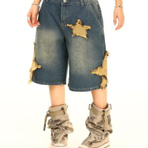 Light Blue American Vintage Star Patch Embroidered Denim Shorts - Y2K Inspired, Buy 2 Get 1 Free, Trendy Casual Summer Style