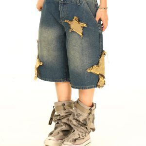 Light Blue American Vintage Star Patch Embroidered Denim Shorts - Y2K Inspired, Buy 2 Get 1 Free, Trendy Casual Summer Style