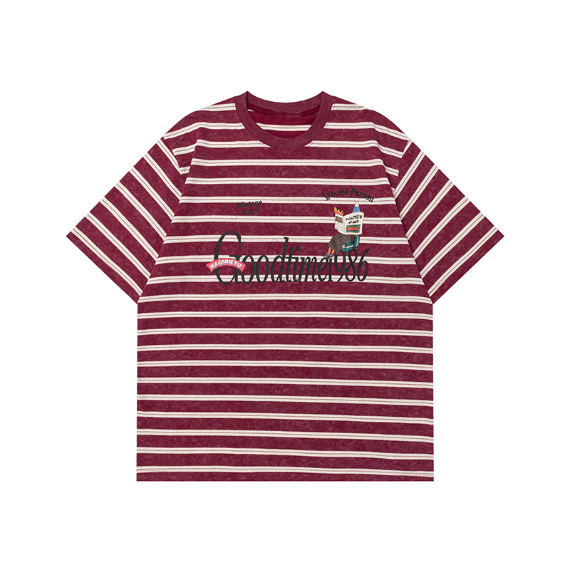 Light Blue American Vintage Striped Letter Print Short Sleeve T-Shirt - Casual 90s Style, Limited Time Buy 2 Get 1 Free Offer