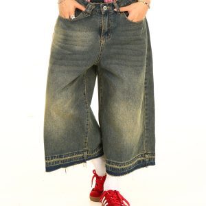 Light Blue American Vintage Washed Loose Fit Denim Capris - 90s Style, Casual Chic, Limited Time Buy 2 Get 1 Free Offer