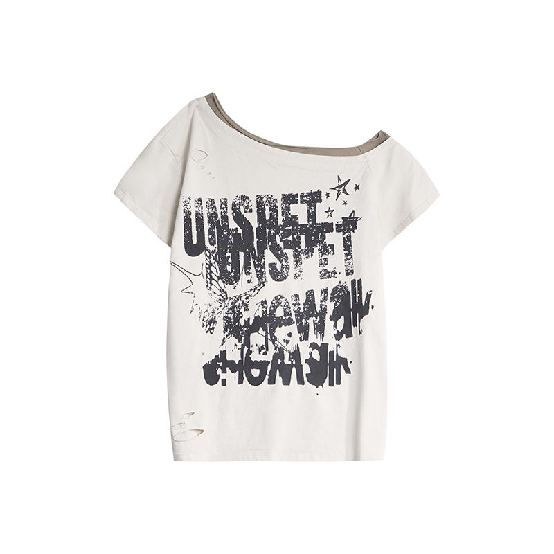 Light Blue Asymmetrical Shoulder Short Sleeve T-Shirt with Vintage Letter Print - Trendy Y2K Style, Limited Time Buy 2 Get 1 Free