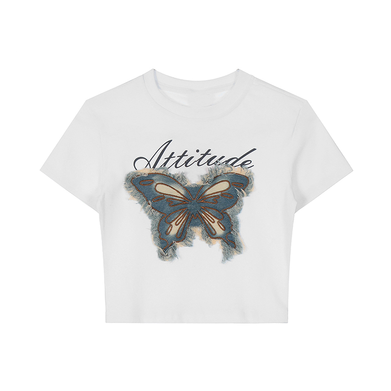 Light Blue Butterfly Patchwork Short Sleeve Crop Top – Vintage Summer Slim Fit T-Shirt for Women, Y2K Style