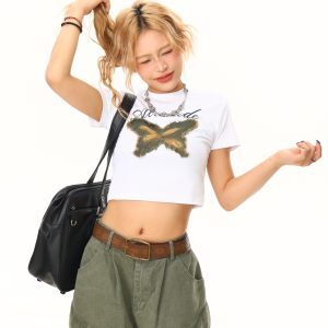 Light Blue Butterfly Patchwork Short Sleeve Crop Top – Vintage Summer Slim Fit T-Shirt for Women, Y2K Style