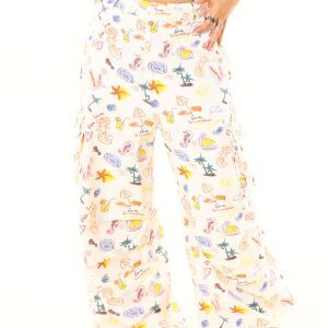 Light Blue Cartoon Print Wide-Leg Cargo Pants - Vintage Style, 90s Inspired, Trendy and Fun Fashion Statement, Buy 2 Get 1 Free