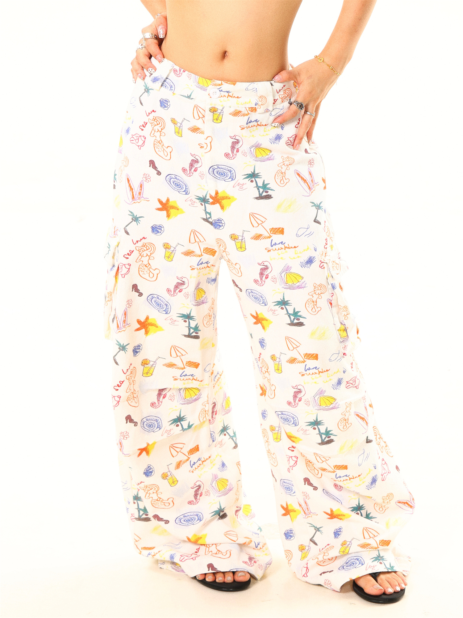 Light Blue Cartoon Print Wide-Leg Cargo Pants - Vintage Style, 90s Inspired, Trendy and Fun Fashion Statement, Buy 2 Get 1 Free