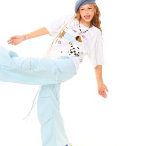 Light Blue Casual Wide-Leg Pants with American Vintage Letter Embroidery – Trendy Loose Fit, Perfect for Y2K Style, Buy 2 Get 1 Free