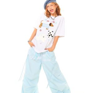 Light Blue Casual Wide-Leg Pants with American Vintage Letter Embroidery – Trendy Loose Fit, Perfect for Y2K Style, Buy 2 Get 1 Free