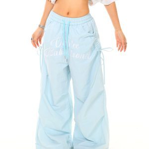 Light Blue Casual Wide-Leg Pants with American Vintage Letter Embroidery – Trendy Loose Fit, Perfect for Y2K Style, Buy 2 Get 1 Free