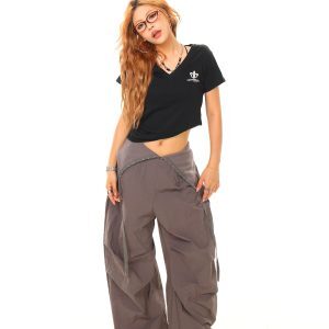Light Blue Casual Wide-Leg Pants with Re-Pressed Diamond Letter Design - American Style, Perfect for Everyday Wear