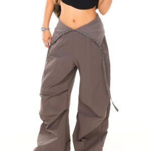 Light Blue Casual Wide-Leg Pants with Re-Pressed Diamond Letter Design - American Style, Perfect for Everyday Wear