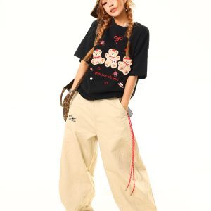 Light Blue Deconstructed Oversized Work Pants with Embroidery - American Vintage Style, Curved Blade Design, Buy 2 Get 1 Free Offer