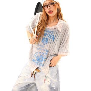Light Blue Distressed Denim Capris with American Vintage Graffiti Print - Trendy Y2K Style, Limited Time Buy 2 Get 1 Free Offer