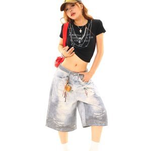 Light Blue Distressed Denim Capris with American Vintage Graffiti Print - Trendy Y2K Style, Limited Time Buy 2 Get 1 Free Offer