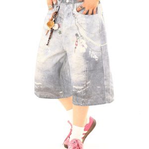 Light Blue Distressed Denim Capris with American Vintage Graffiti Print - Trendy Y2K Style, Limited Time Buy 2 Get 1 Free Offer