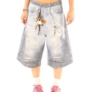 Light Blue Distressed Denim Capris with American Vintage Graffiti Print - Trendy Y2K Style, Limited Time Buy 2 Get 1 Free Offer