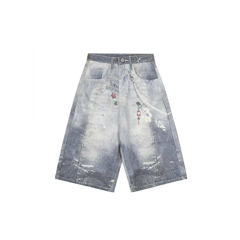Light Blue Distressed Denim Capris with American Vintage Graffiti Print - Trendy Y2K Style, Limited Time Buy 2 Get 1 Free Offer