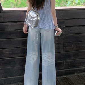 Light Blue Distressed Denim Jeans for Women - Vintage Loose Wide-Leg Straight Pants, Summer 90s Inspired Fashion