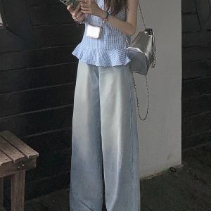 Light Blue Distressed Denim Jeans for Women - Vintage Loose Wide-Leg Straight Pants, Summer 90s Inspired Fashion