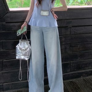 Light Blue Distressed Denim Jeans for Women - Vintage Loose Wide-Leg Straight Pants, Summer 90s Inspired Fashion