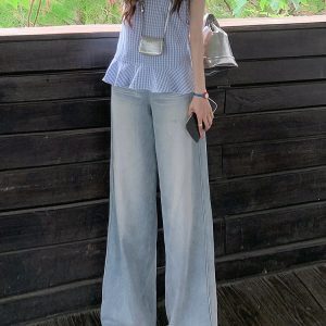 Light Blue Distressed Denim Jeans for Women - Vintage Loose Wide-Leg Straight Pants, Summer 90s Inspired Fashion