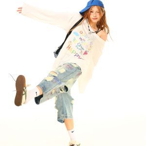 Light Blue Distressed Loose Fit Denim Capris - Vintage Style, Y2K Inspired, Buy 2 Get 1 Free Limited Time Offer