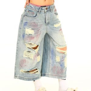 Light Blue Distressed Loose Fit Denim Capris - Vintage Style, Y2K Inspired, Buy 2 Get 1 Free Limited Time Offer
