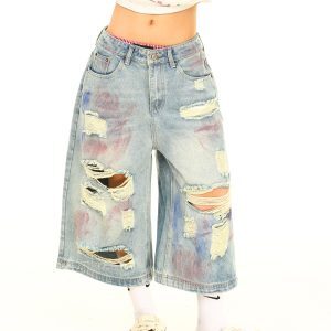 Light Blue Distressed Loose Fit Denim Capris - Vintage Style, Y2K Inspired, Buy 2 Get 1 Free Limited Time Offer