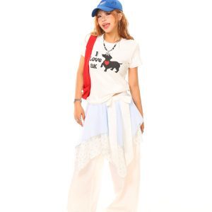 Light Blue Fake Two-Piece Plaid Splicing Casual Pants - American Vintage Style, 90s Inspired, Limited Time Buy 2 Get 1 Free
