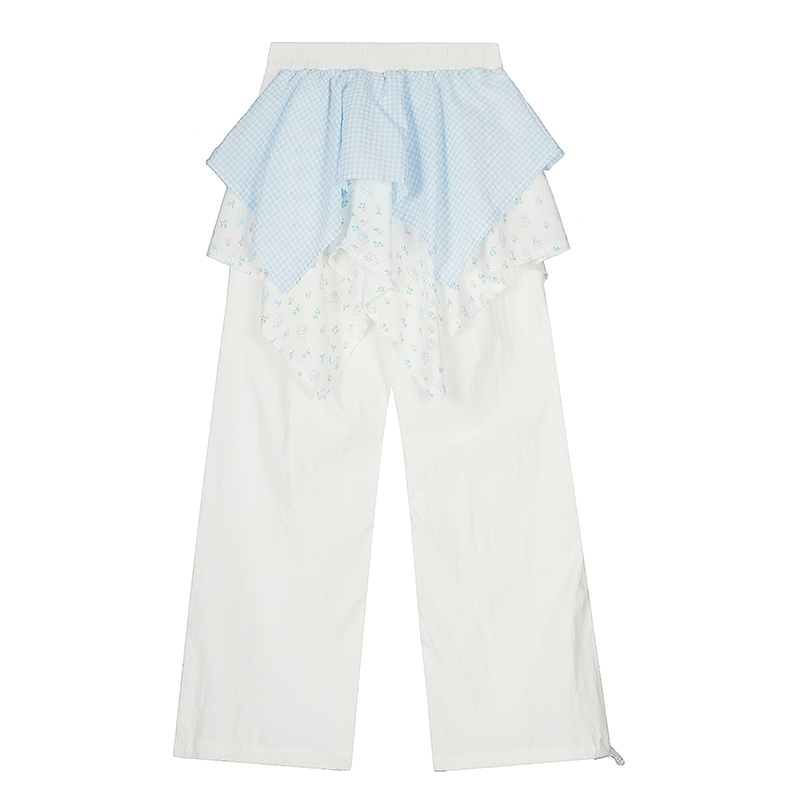 Light Blue Fake Two-Piece Plaid Splicing Casual Pants - American Vintage Style, 90s Inspired, Limited Time Buy 2 Get 1 Free