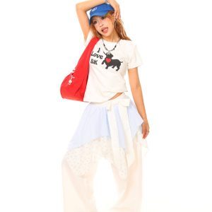 Light Blue Fake Two-Piece Plaid Splicing Casual Pants - American Vintage Style, 90s Inspired, Limited Time Buy 2 Get 1 Free