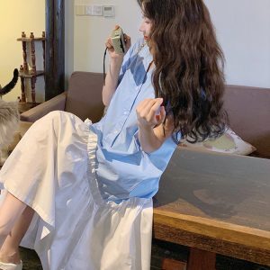 Light Blue Fishtail Shirt Dress for Women, Relaxed Fit, Artistic Design, Trendy and Fresh Style for 2025