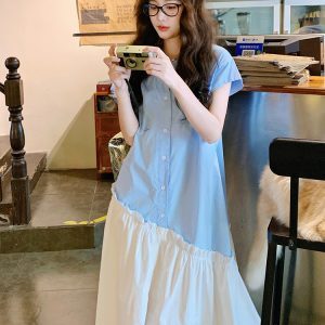 Light Blue Fishtail Shirt Dress for Women, Relaxed Fit, Artistic Design, Trendy and Fresh Style for 2025