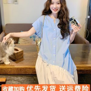 Light Blue Fishtail Shirt Dress for Women, Relaxed Fit, Artistic Design, Trendy and Fresh Style for 2025