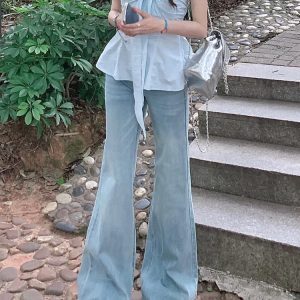 Light Blue Flared Jeans for Women - American Style Low-Waist Wide-Leg Slim-Fit Summer Pants, Stretchy Floor-Length Fashion