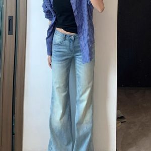 Light Blue Flared Jeans for Women - Summer Low Waist Straight Fit Slim Wide-Leg Floor-Length Pants, Trendy Y2K Style