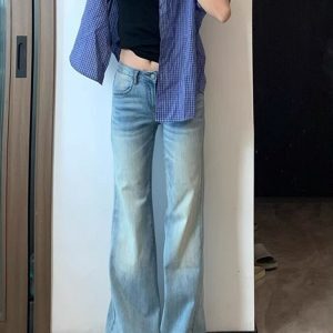 Light Blue Flared Jeans for Women - Summer Low Waist Straight Fit Slim Wide-Leg Floor-Length Pants, Trendy Y2K Style