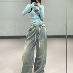 Light Blue High-Waisted Elastic K-Pop Jazz Dance Top with Thin Long Pants for Women - Stylish Korean Style Dancewear